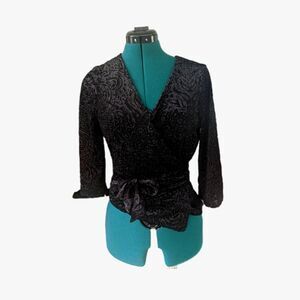 Cupcakes & Cashmere Long Sleeve Black Velvet Abstract Wrap Tie Blouse Sz S